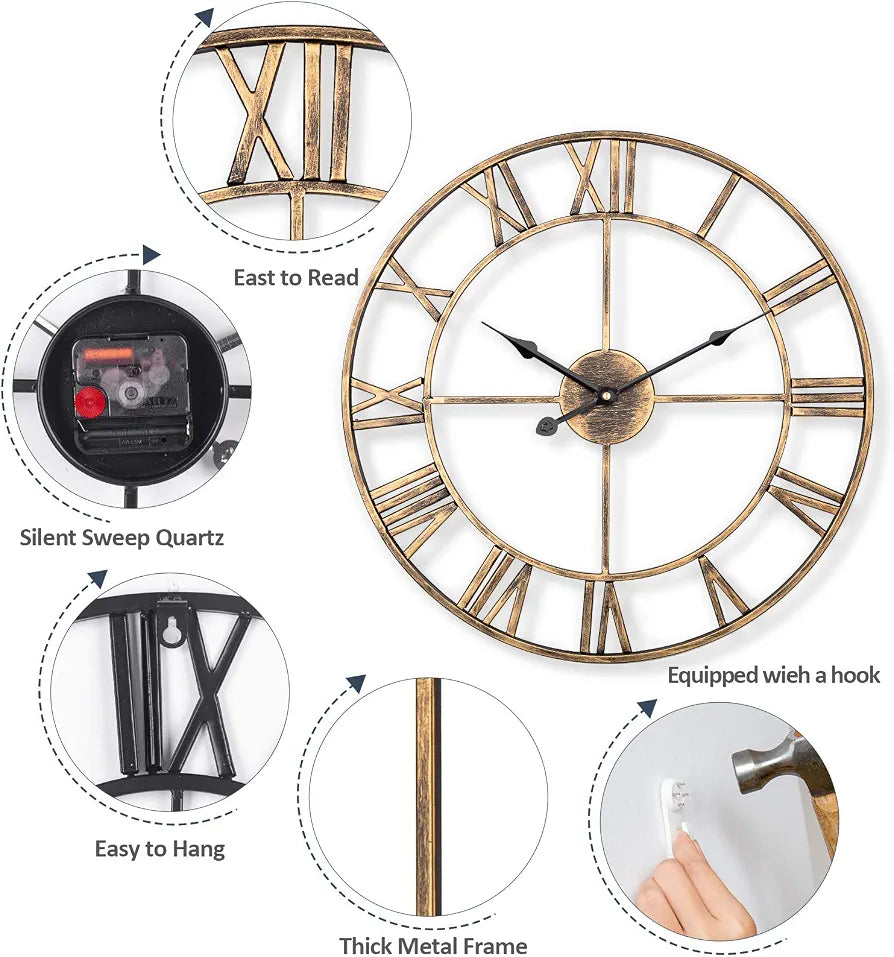 Silent Metal Skeleton Wall Clock, 60cm European Farmhouse Vintage Clock with Roman Numeral, Non-Ticking Battery Operated Hanging Wall Clock for Home Kitchen Cafe Hotel Office Decor