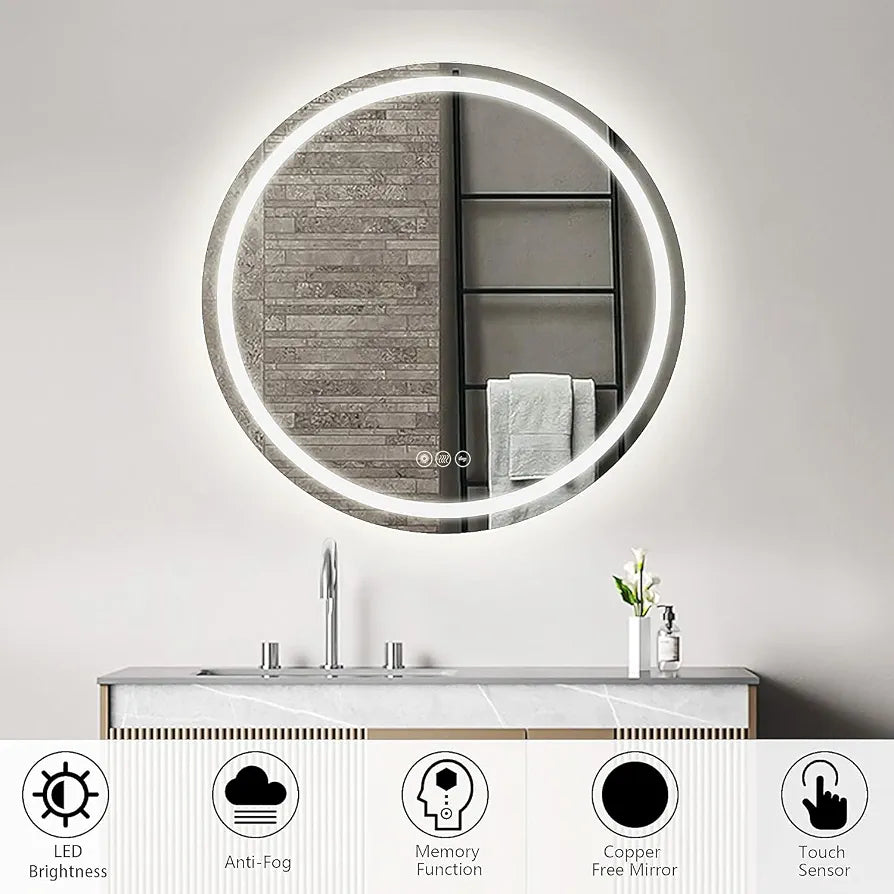 Bathroom LED Mirror Round 60cm Lighted Illuminated Backlit Light Up Mirror with Touch Switch Color Change Anti-Fog Wall Mounted