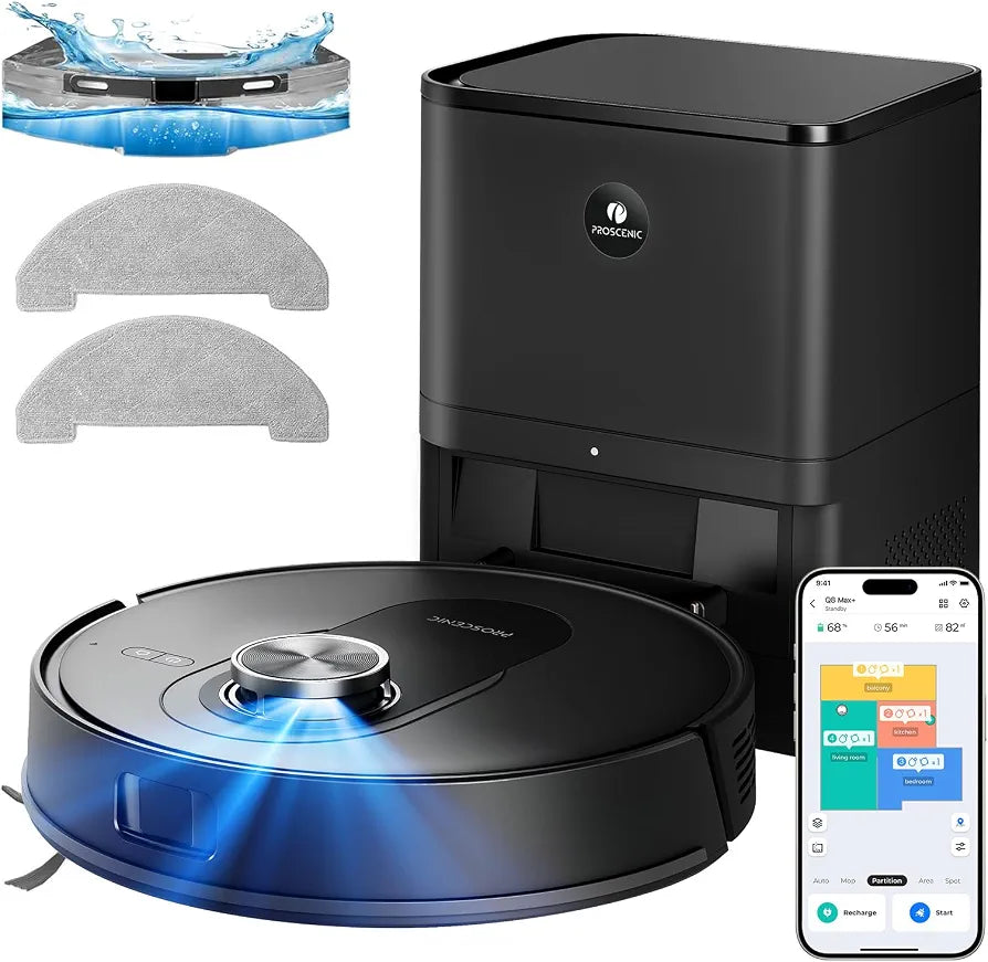 Proscenic Q8MAX+ Robot Vacuum Cleaner with Mop, 8000Pa Strong Suction, Lidar Navigation Robotic Vacuum with Smart Obstacle Avoidance, 200mins Runtime, APP/Remote/Voice Control, for Hard Floors Carpets