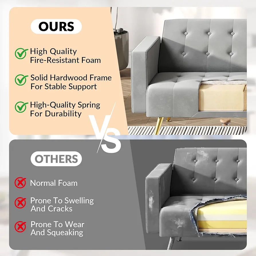 ELEGANT 3 Seater Sofa Bed 191cm, Grey Velvet Sofa Couch with Square Armrest