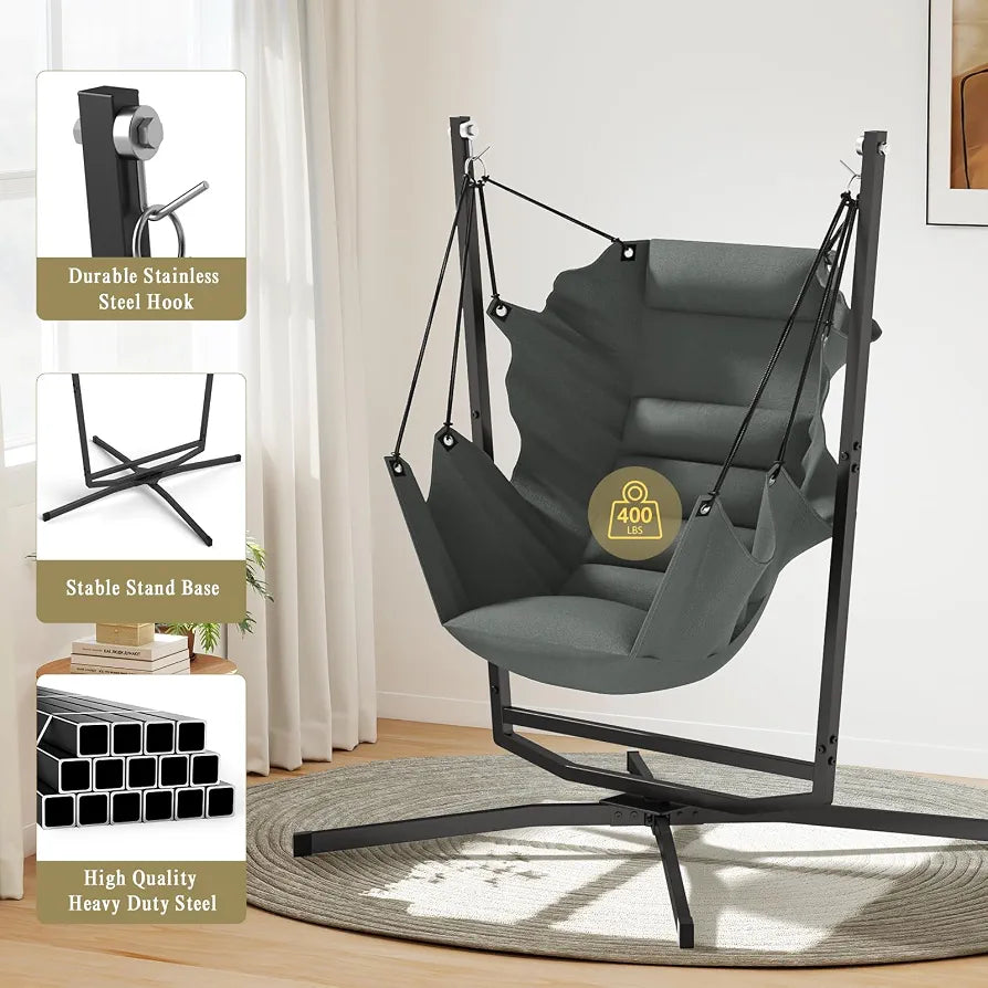 360° Swivel Hammock Swing Chair with Stand - Comfortable Hanging Chair with Cushions  for Indoor/Outdoor Use - Perfect for Bedroom, Patio, Porch, Deck, Garden, Balcony