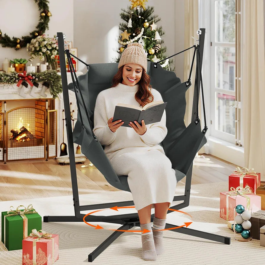 360° Swivel Hammock Swing Chair with Stand - Comfortable Hanging Chair with Cushions  for Indoor/Outdoor Use - Perfect for Bedroom, Patio, Porch, Deck, Garden, Balcony