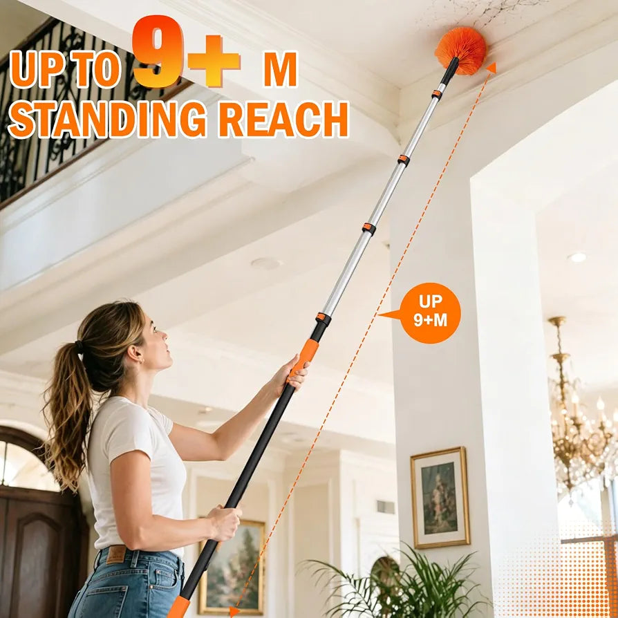 LAANPOLE 9m Feather Duster Kit with Telescopic Pole, Extendable Microfiber Duster for High Ceiling, Long Handled Duster Kit with Cobweb Brush & Telescopic Window Cleaner