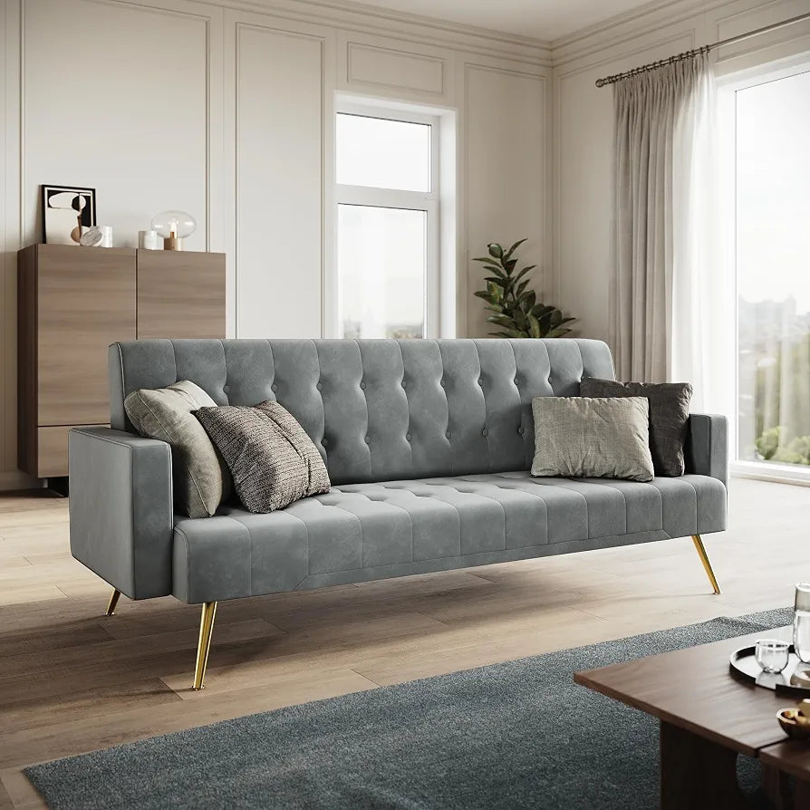 ELEGANT 3 Seater Sofa Bed 191cm, Grey Velvet Sofa Couch with Square Armrest