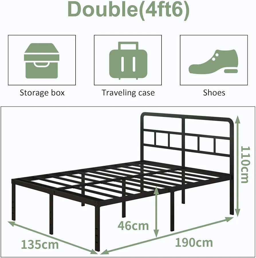Lutown-Teen Metal Double Bed Frame with Headboard, 36 cm High, White