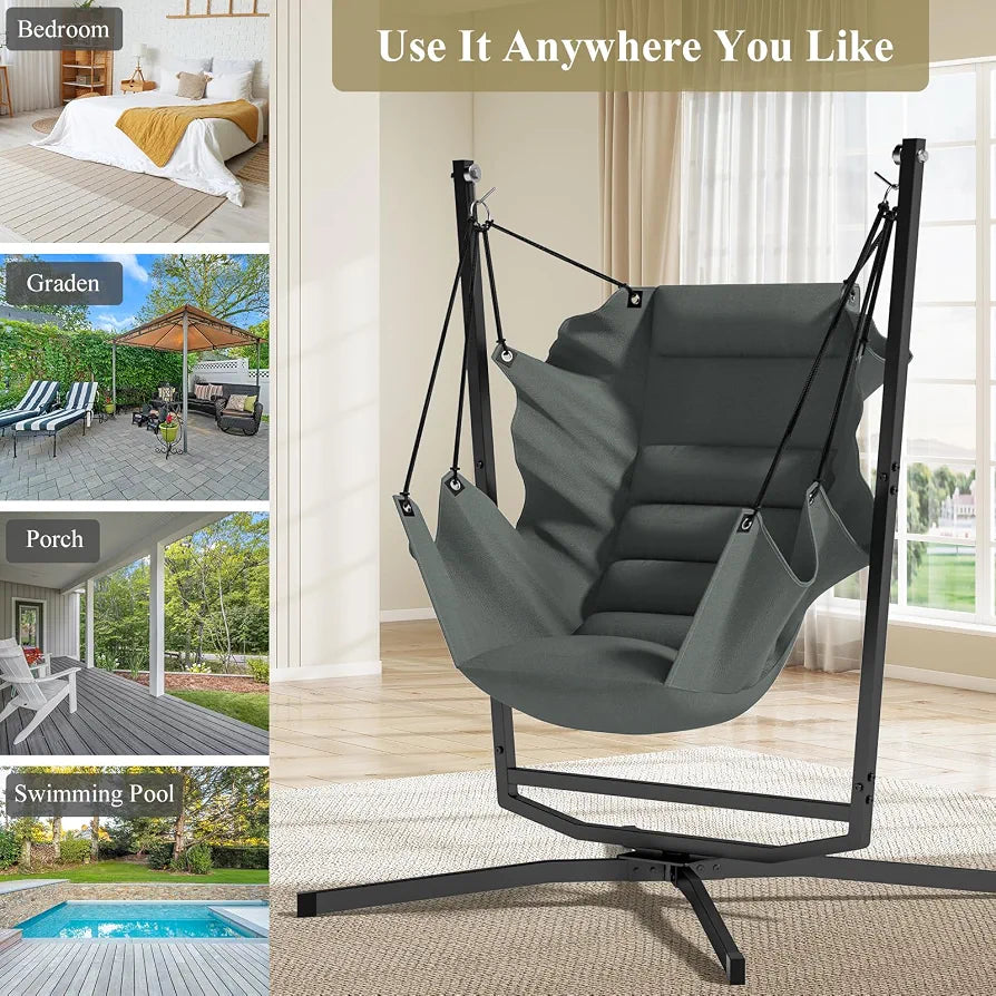 360° Swivel Hammock Swing Chair with Stand - Comfortable Hanging Chair with Cushions  for Indoor/Outdoor Use - Perfect for Bedroom, Patio, Porch, Deck, Garden, Balcony