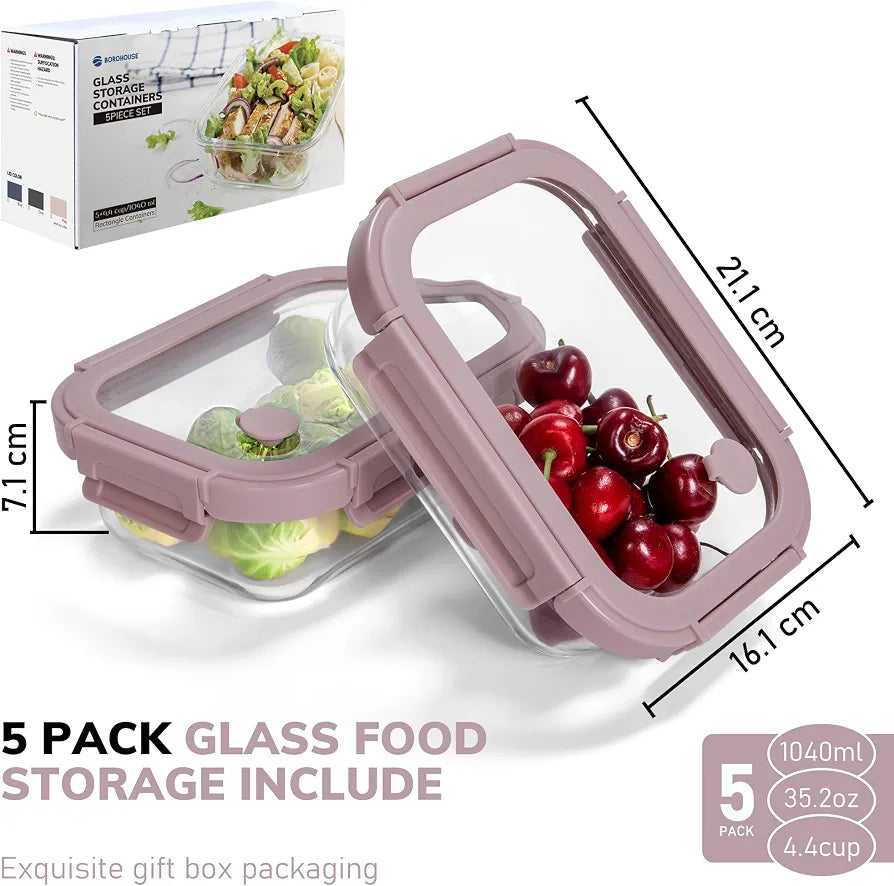 35.2oz Glass Meal Prep Containers with Snap Lock Lids  - Freezer to Oven Safe –20°C to 510°C, BPA-Free, Stackable, Vent Valve for Easy Open, Borosilicate Glass Baking Dish（Pink）