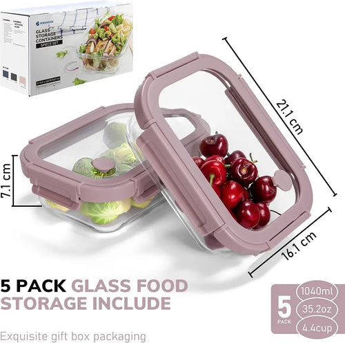 35.2oz Glass Meal Prep Containers with Snap Lock Lids  - Freezer to Oven Safe –20°C to 510°C, BPA-Free, Stackable, Vent Valve for Easy Open, Borosilicate Glass Baking Dish（Pink）