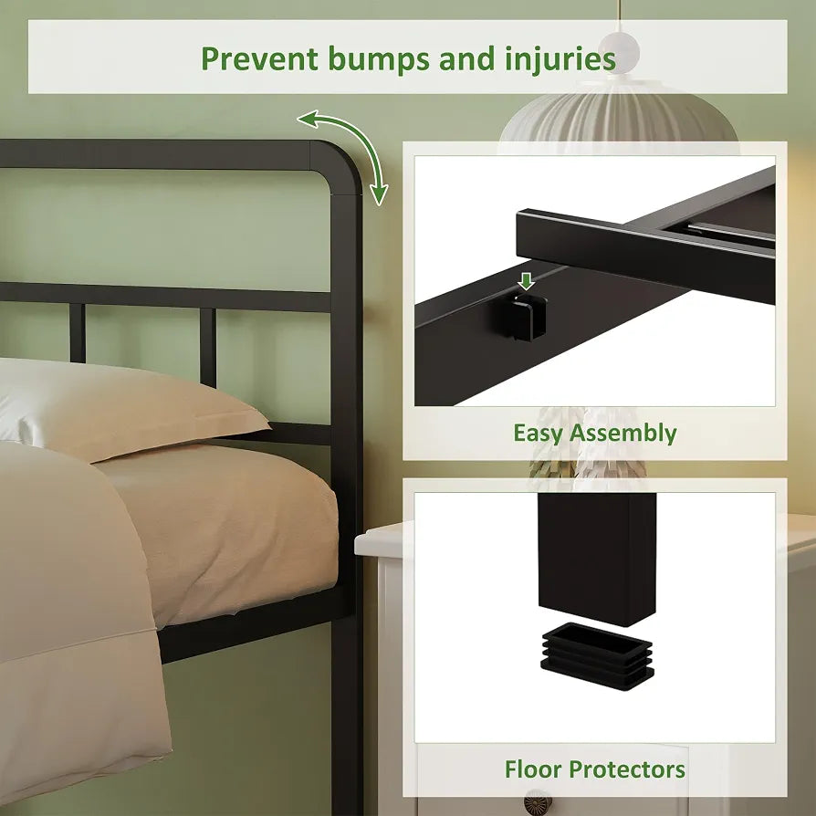 Lutown-Teen Metal Double Bed Frame with Headboard, 36 cm High, White