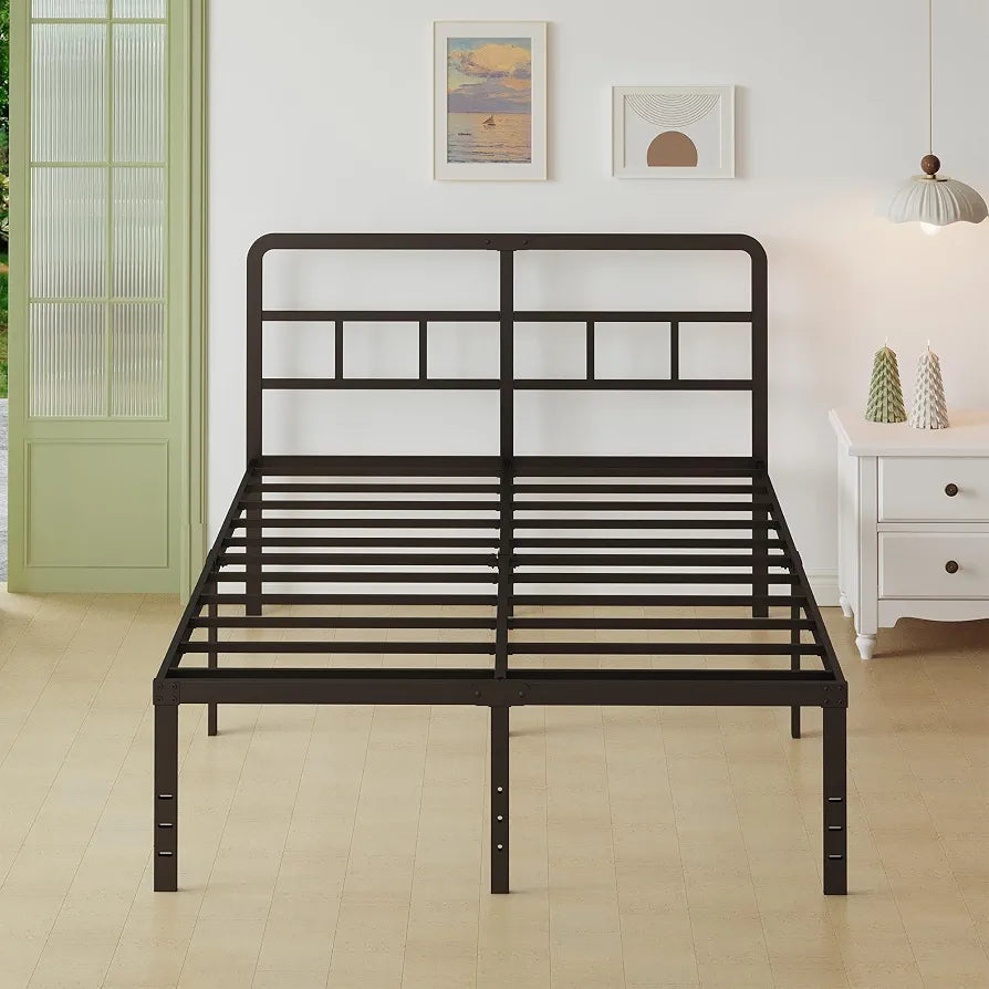 Lutown-Teen Metal Double Bed Frame with Headboard, 36 cm High, White