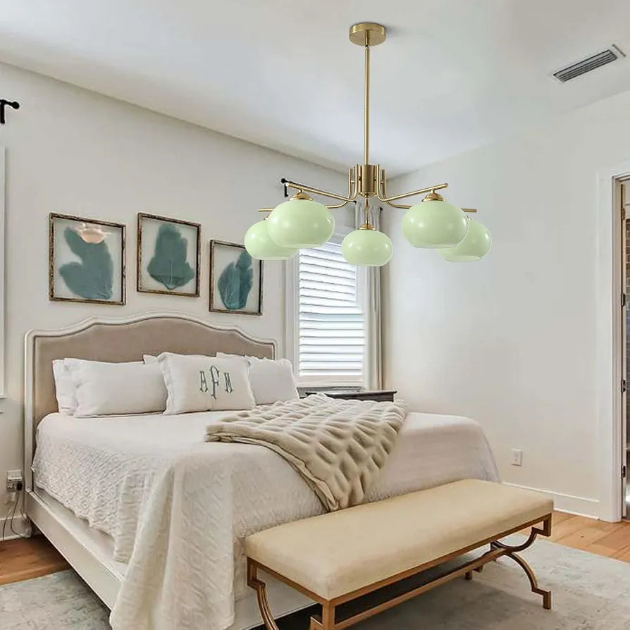 KCO Lighting Green Glass Pendant Light 5 Lights Large Globe Chandelier Brushed Brass Sputnik Chandeliers Mid Century Modern Chandelier Light Fixture for Dining Room Bedroom