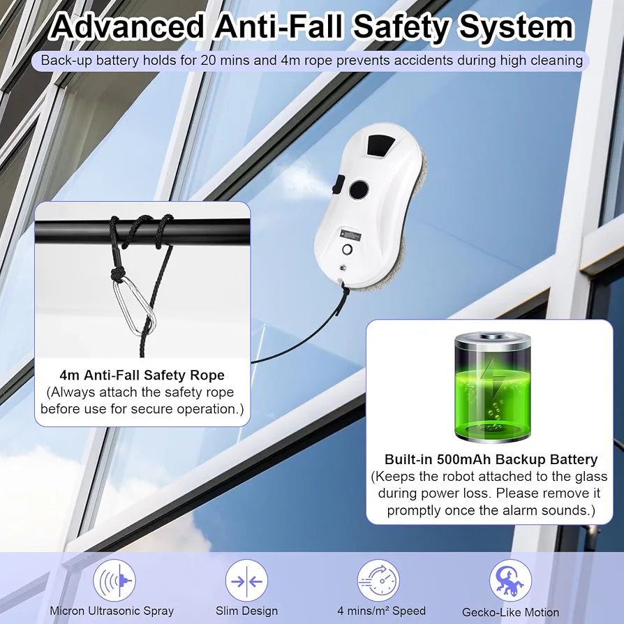 Robot Window Cleaner with Automatic Spraying System, 5600Pa Suction Power Window Cleaning Robot, Remote Control, 4M Safety Rope, Electric Glass Cleaner for Windows, Doors and Tiles