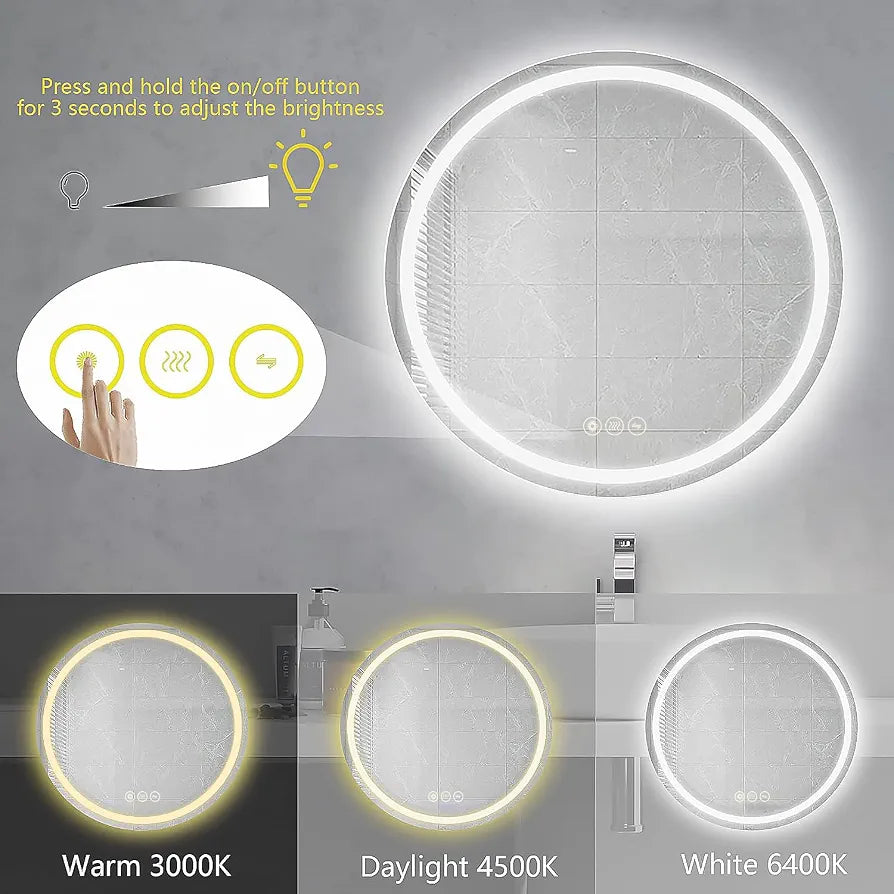 Bathroom LED Mirror Round 60cm Lighted Illuminated Backlit Light Up Mirror with Touch Switch Color Change Anti-Fog Wall Mounted