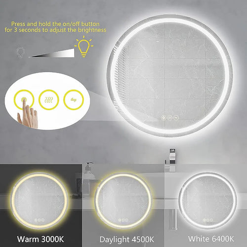 Bathroom LED Mirror Round 60cm Lighted Illuminated Backlit Light Up Mirror with Touch Switch Color Change Anti-Fog Wall Mounted