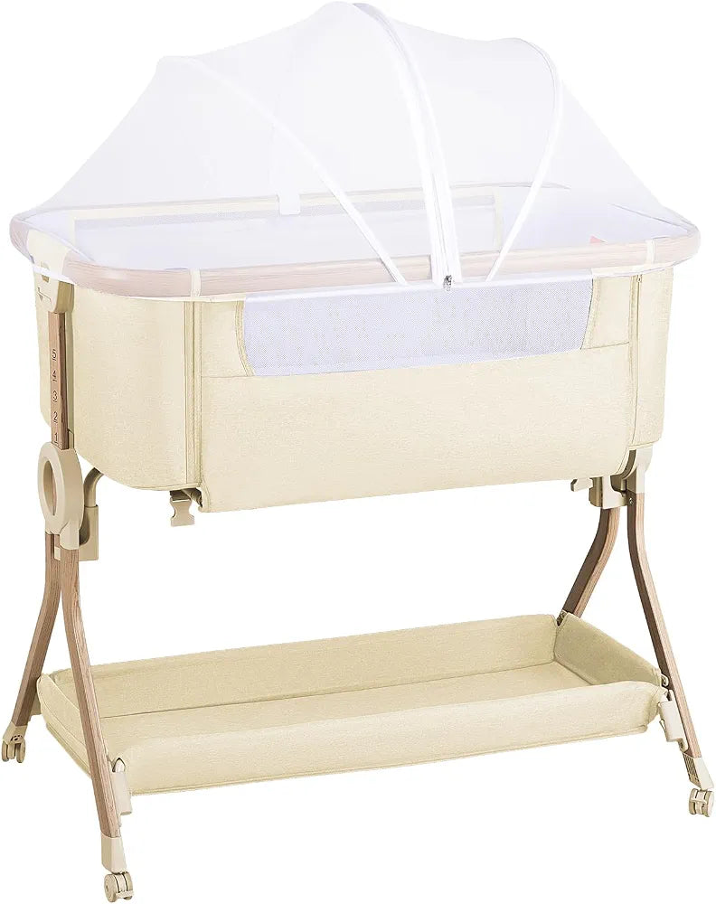 Larex Next To Me Crib，Baby Bassinet Bedside Sleeper Crib Co Sleeper with Mosquito Net, Storage Bag & Basket,Baby Crib with 5-Height Adjustable Levels, Breathable Mattress & Mesh