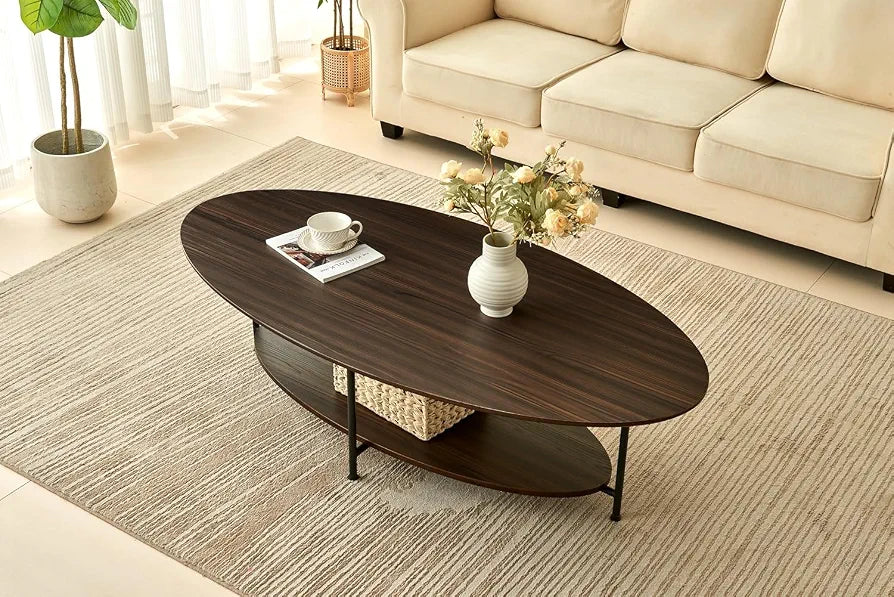 Oval Ash wood Double-Layer Design Coffee Table;Mid Century Modern Style Centre Table for Living Room Furniture;Solid Wood Cocktail Table;Modern Sofa Coffee Side Table-Brown