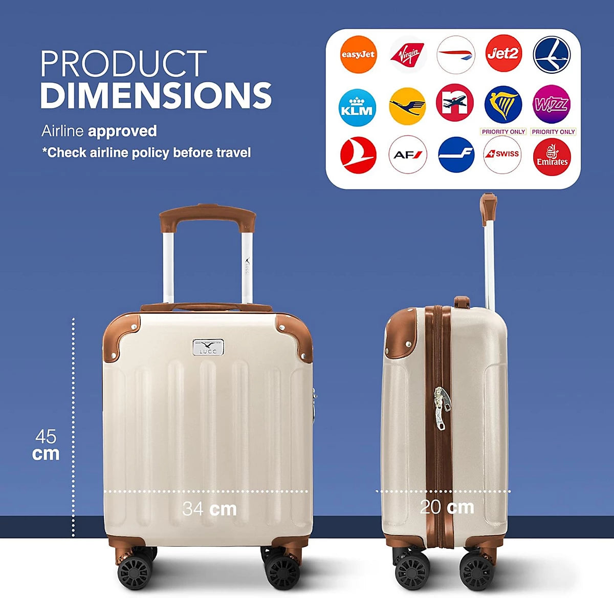 LUGG 15 Inch Skywander Lightweight Underseat Cabin Bag EasyJet Approved 45 x 34 x 20cm, 24L, Cream and Brown