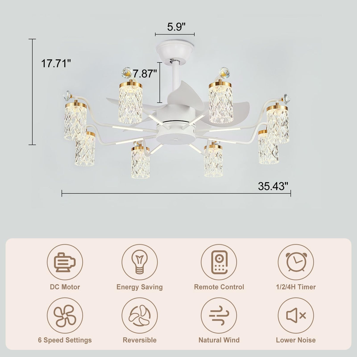 Low Profile Ceiling Fan 6-Light Flush Mount Glass Globe Gold Ring