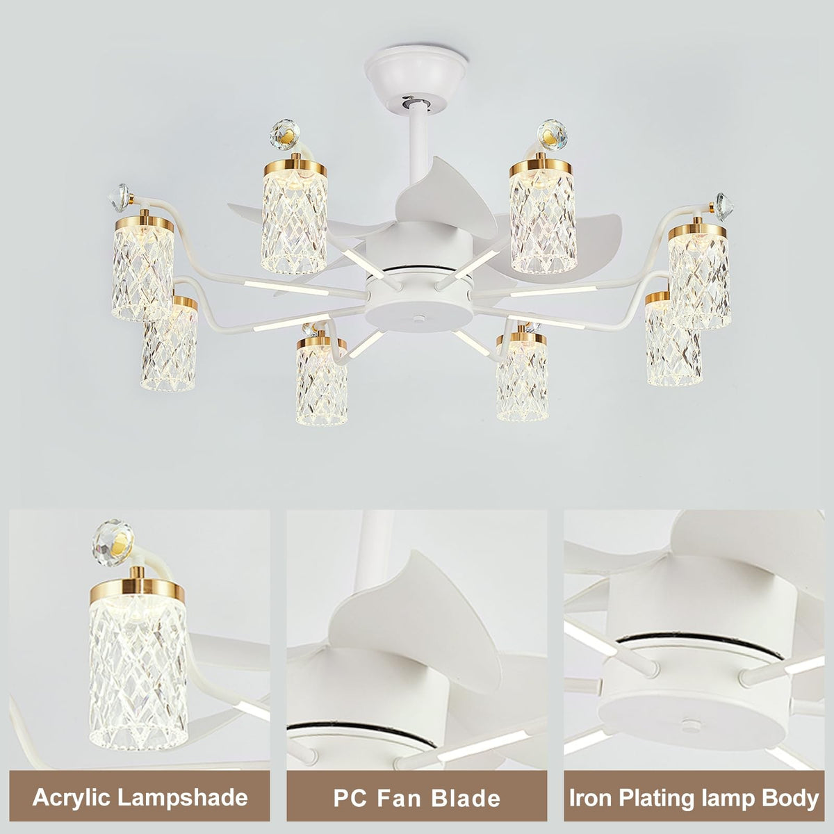 Low Profile Ceiling Fan 6-Light Flush Mount Glass Globe Gold Ring