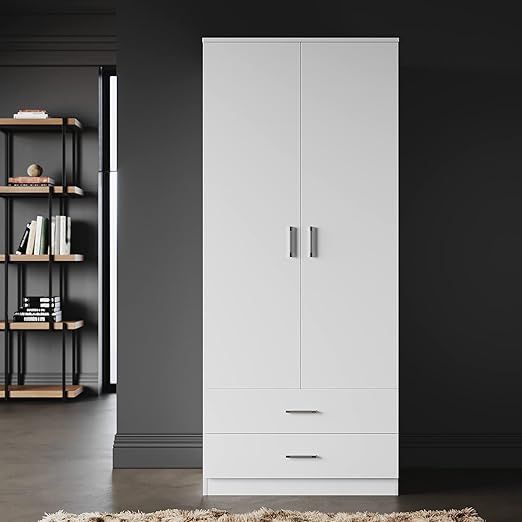 ELEGANT 2 Door Bedroom Wardrobes with Clothes Rail and Large Storage Unit White