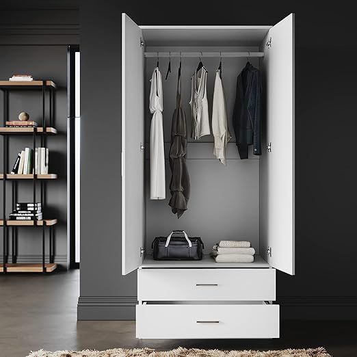 ELEGANT 2 Door Bedroom Wardrobes with Clothes Rail and Large Storage Unit White