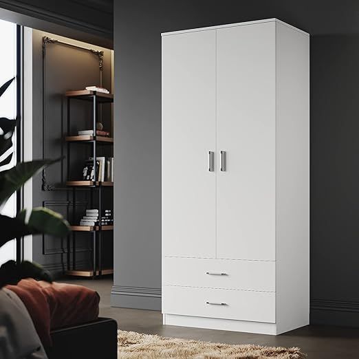 ELEGANT 2 Door Bedroom Wardrobes with Clothes Rail and Large Storage Unit White